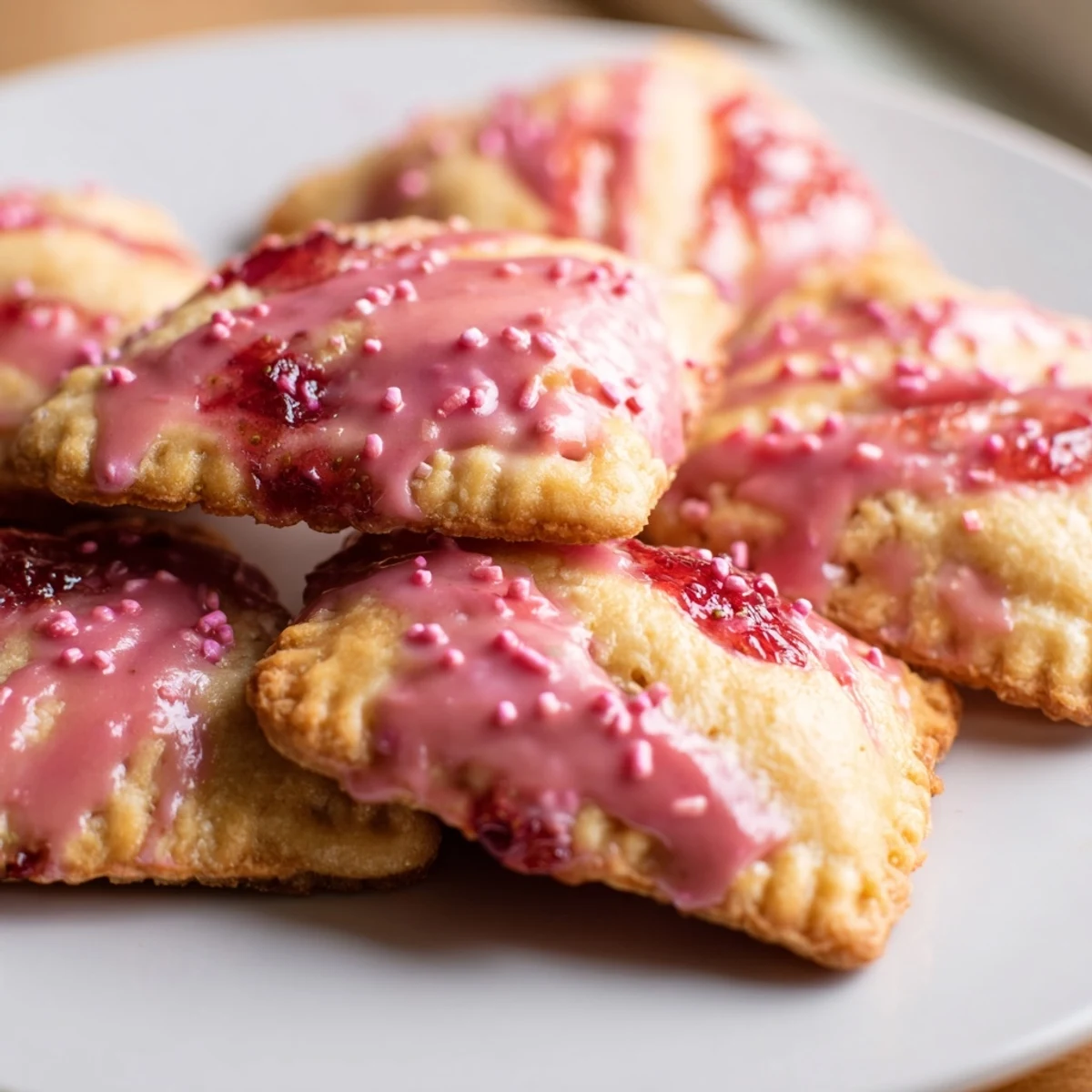 Soft buttery strawberry pop tart cookies drizzled with pink glaze and colorful sprinkles on a white plate.