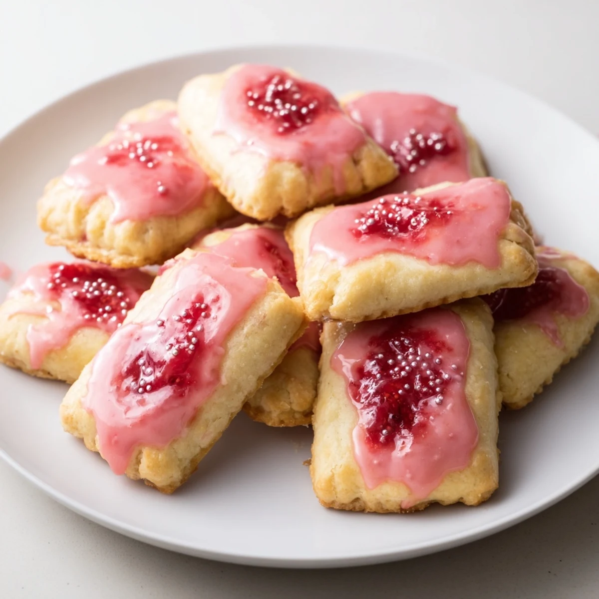 Freshly baked strawberry pop tart cookies with sweet jam filling topped with vanilla icing and rainbow sprinkles.