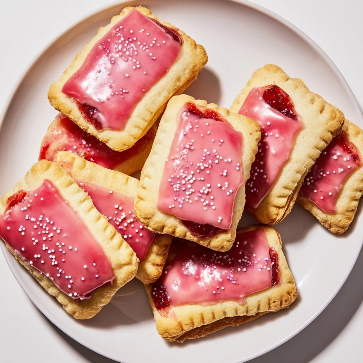 Golden strawberry pop tart cookies oozing with red jam center finished with white glaze and festive sprinkles.
