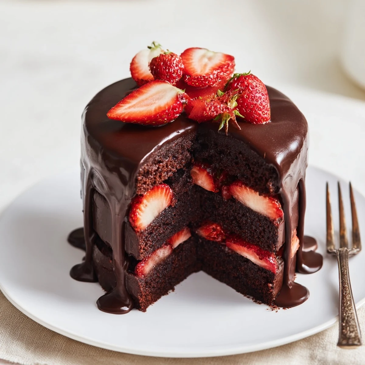 Decadent strawberry chocolate cake drizzled with rich ganache and topped with fresh ripe berries