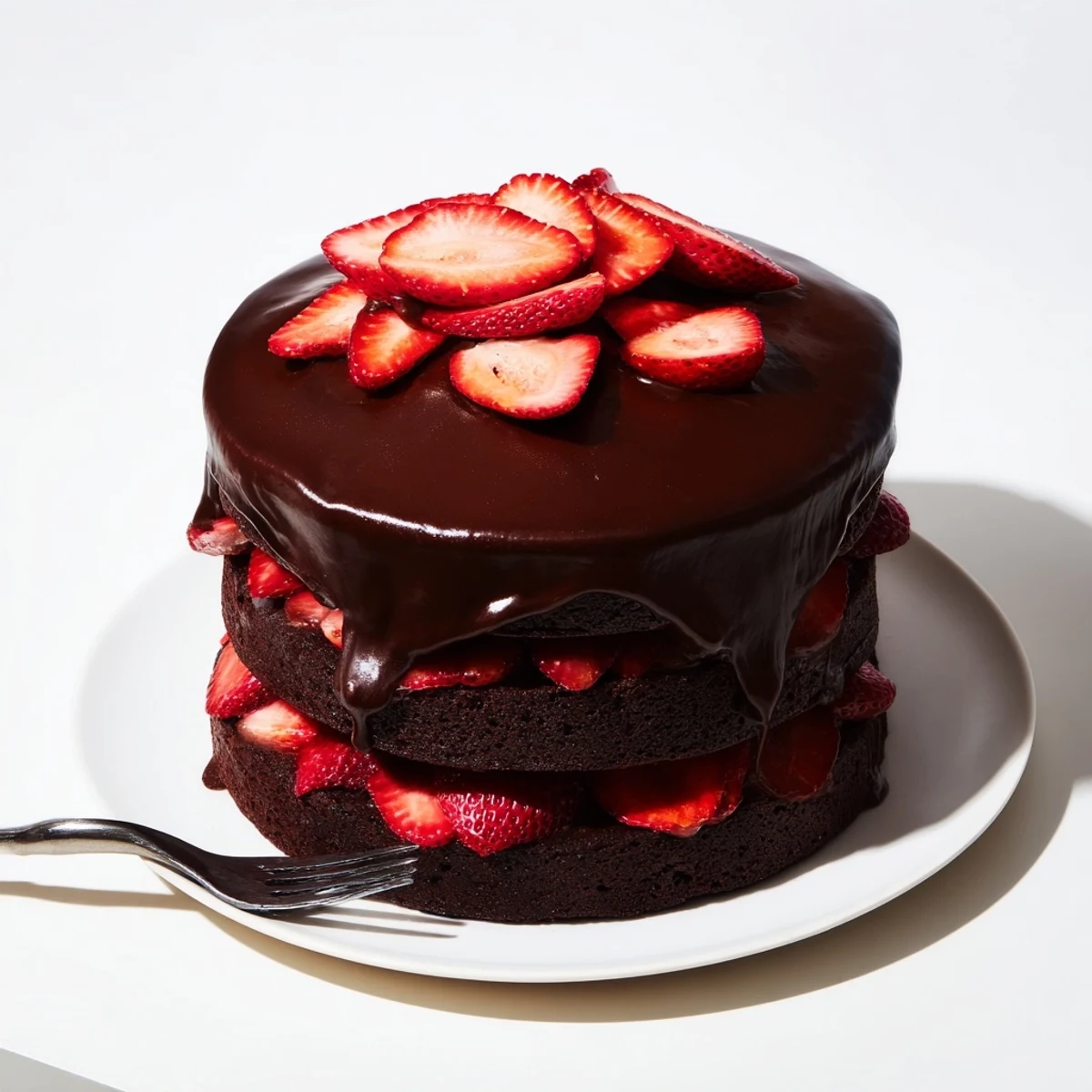 Moist chocolate layered cake filled with sweet macerated strawberries and creamy whipped frosting