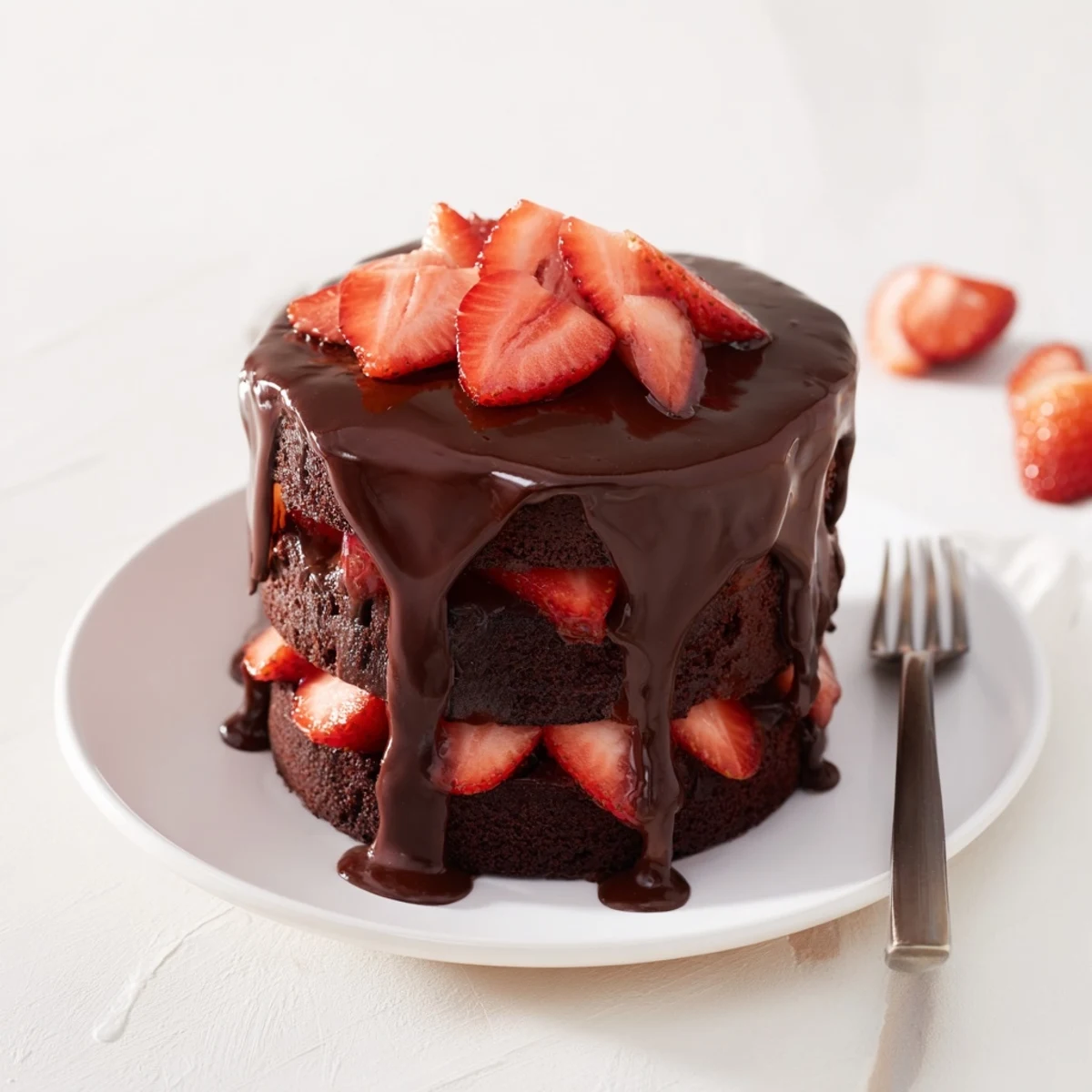 Slice of homemade strawberry chocolate cake showcasing fudgy layers and juicy red fruit