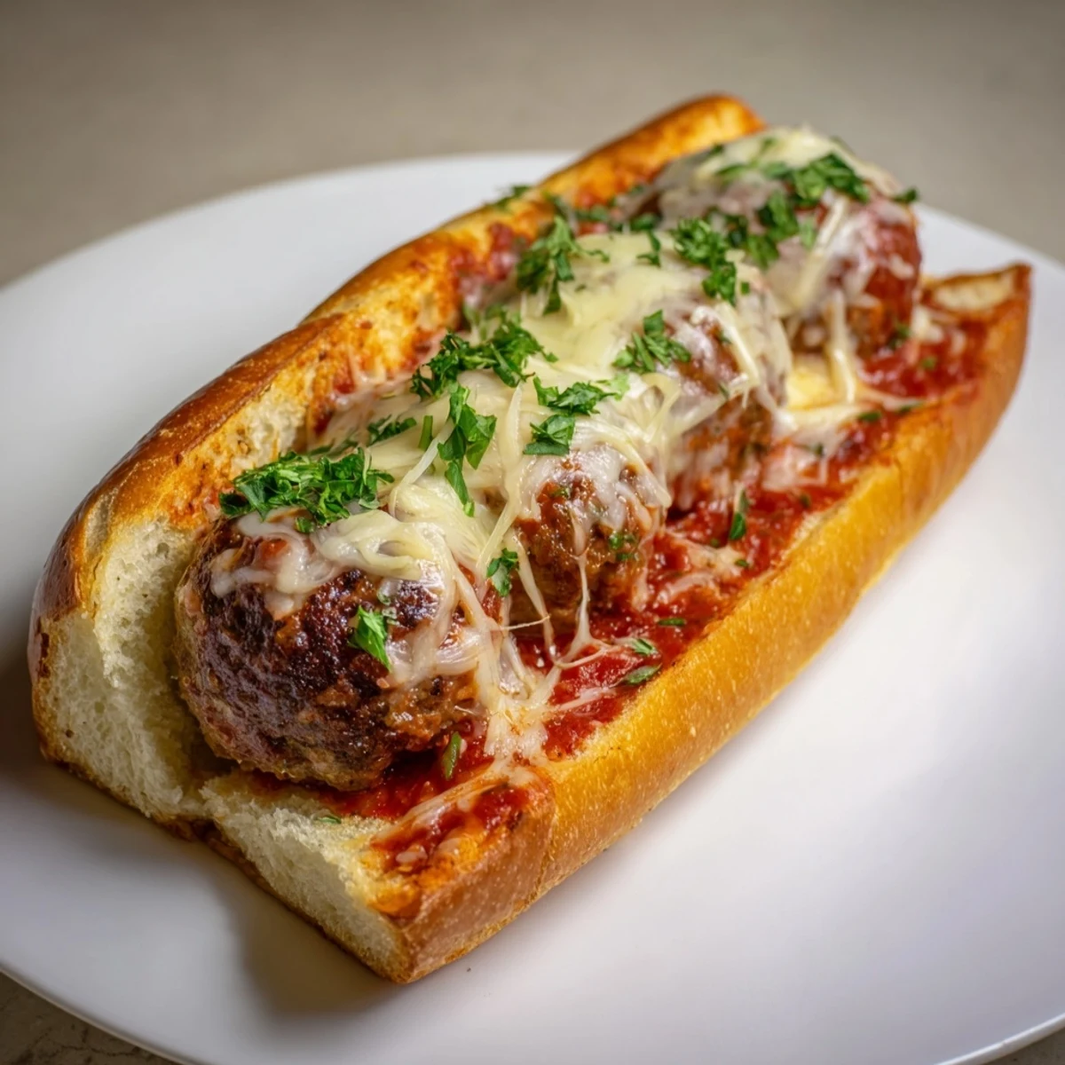 Golden toasted sub roll piled with three juicy meatballs smothered in rich marinara sauce and melted mozzarella cheese