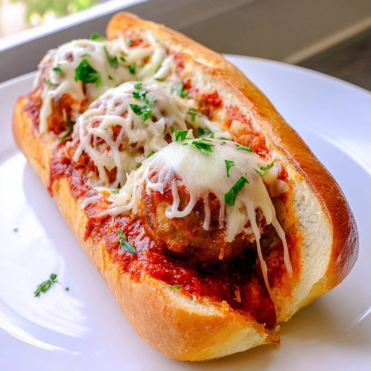 Sliced Italian sandwich showcasing meatballs coated in red sauce beneath a layer of golden melted mozzarella on toasted bread