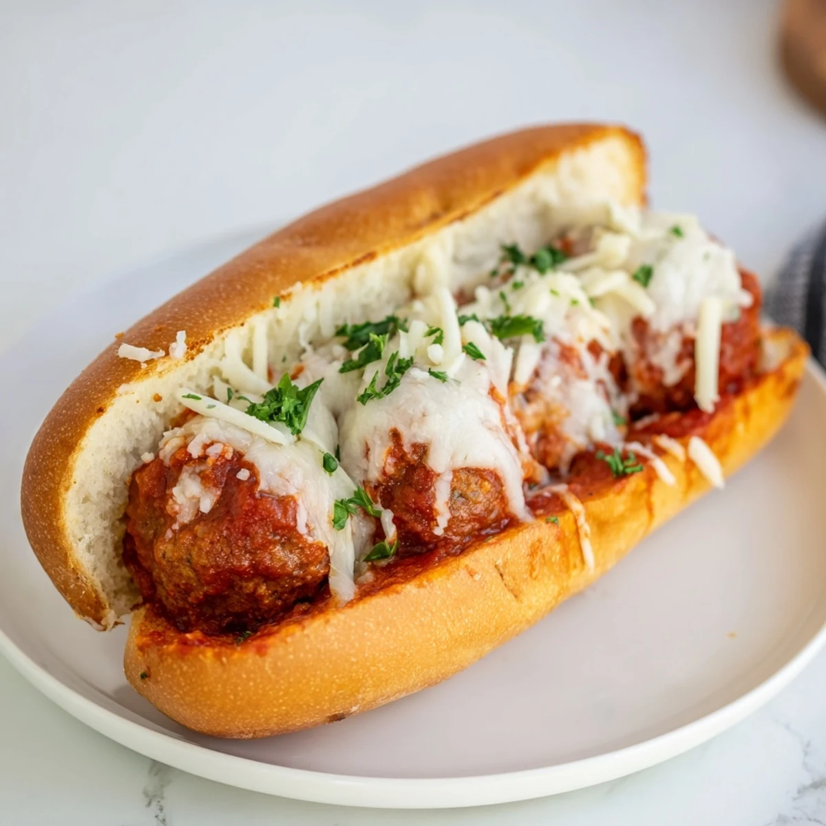 Homemade cheesy meatball subs featuring tender beef meatballs nestled in garlic butter brushed rolls with bubbling cheese topping