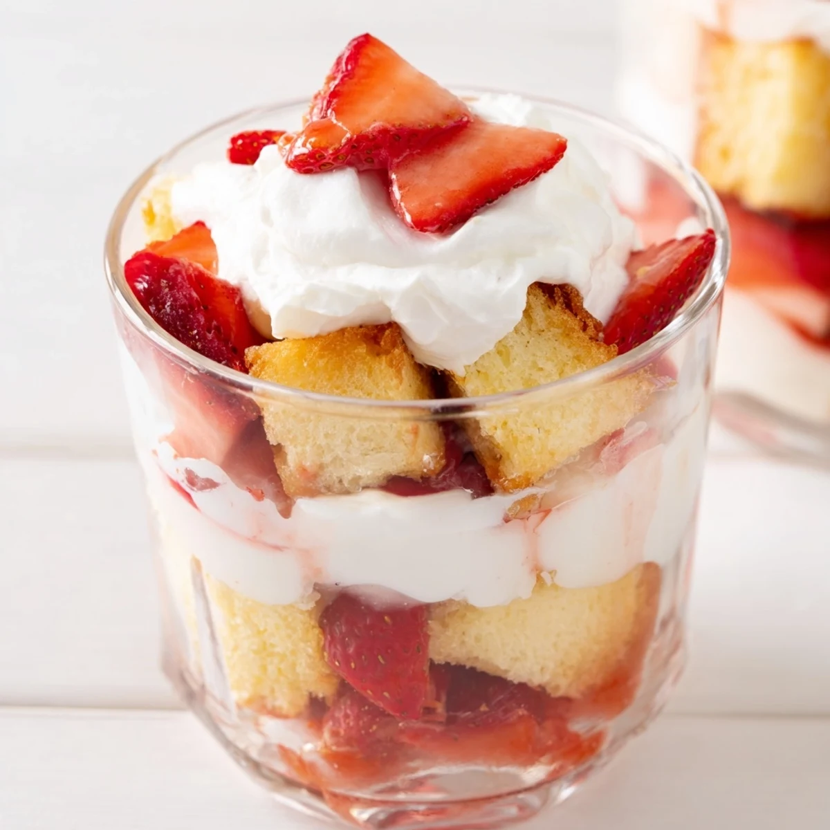 Layered strawberry shortcake trifle with golden cake cubes, fresh red berries, and fluffy whipped cream in glass
