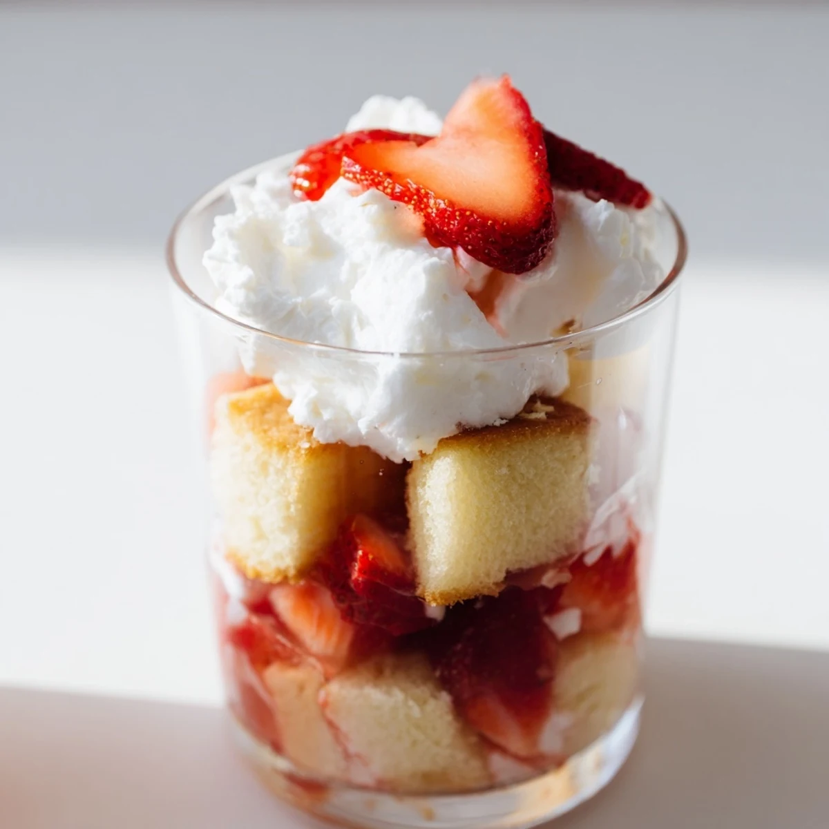 Elegant strawberry shortcake trifle dessert with whipped cream, sliced strawberries, and buttery shortcake in clear serving glass