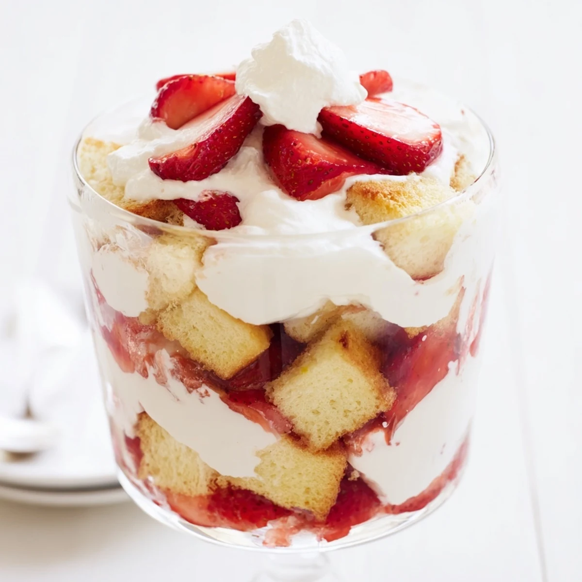 Individual strawberry shortcake trifle glasses showing tender cake, juicy macerated strawberries, and billowy vanilla cream layers