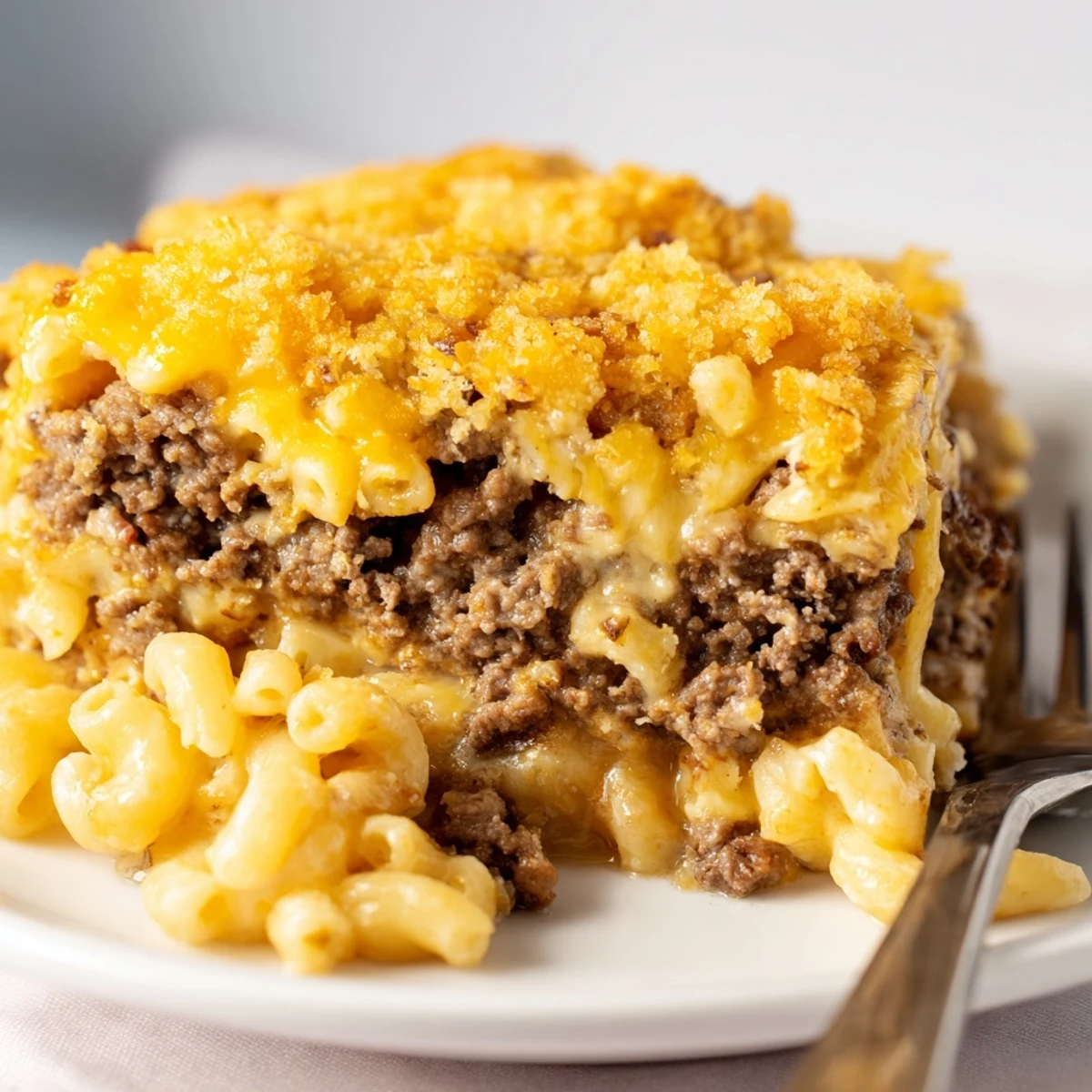 Comforting meatloaf layered beneath creamy macaroni and cheese in this hearty American baked casserole