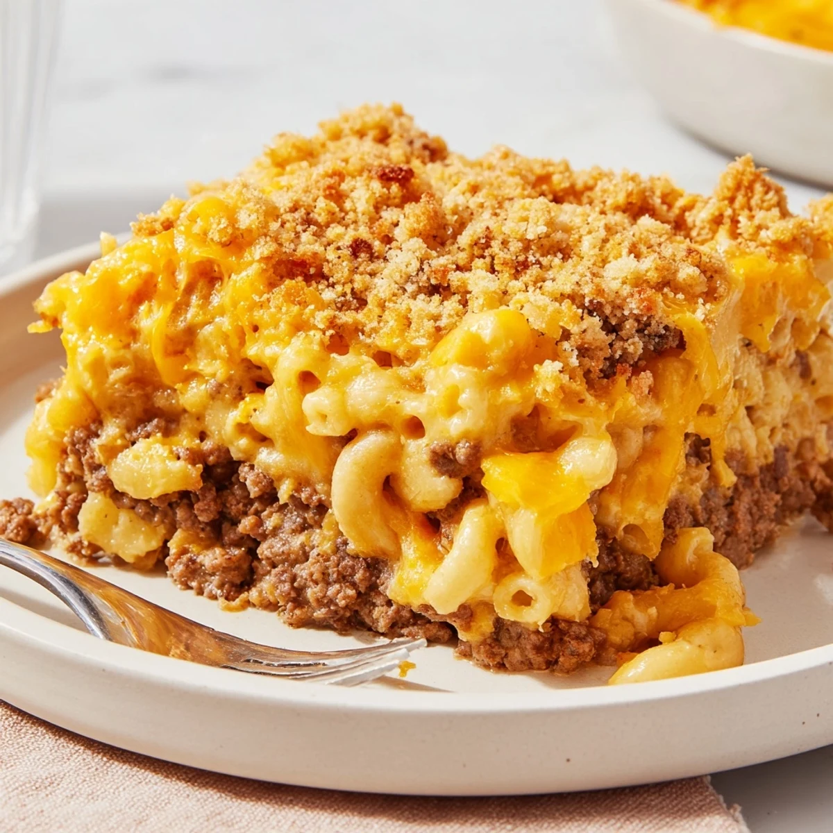 Savory meatloaf base topped with rich cheddar mac and cheese, baked until golden and bubbly