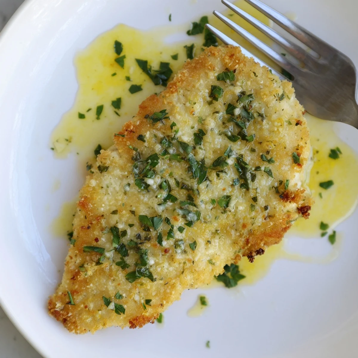 Golden Lemon Chicken Romano cutlet with crispy Romano crust and tangy lemon butter sauce
