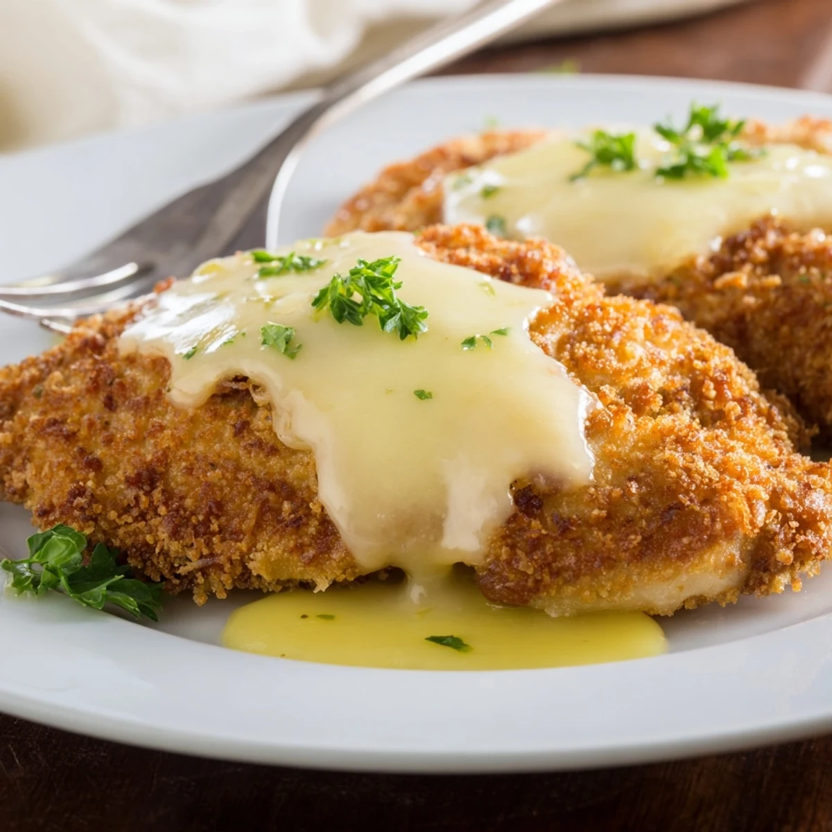 Crispy breaded Lemon Chicken Romano plated with garlic parsley sauce over white serving dish
