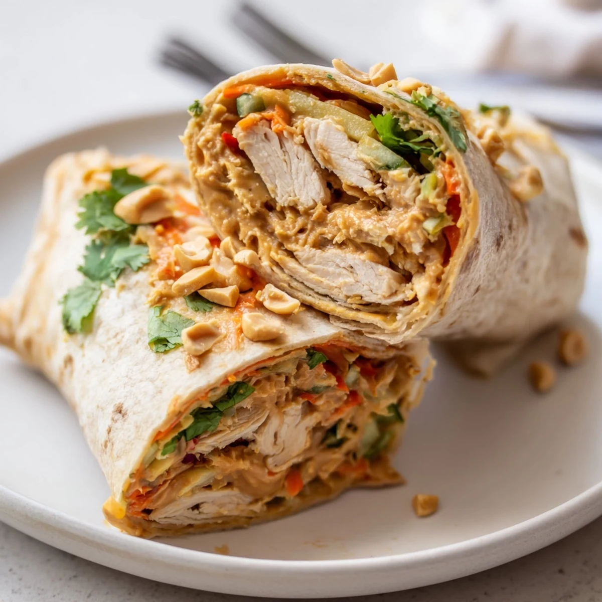 Golden sliced chicken nestled in a flour tortilla with colorful crunchy vegetables and creamy Thai peanut sauce drizzle