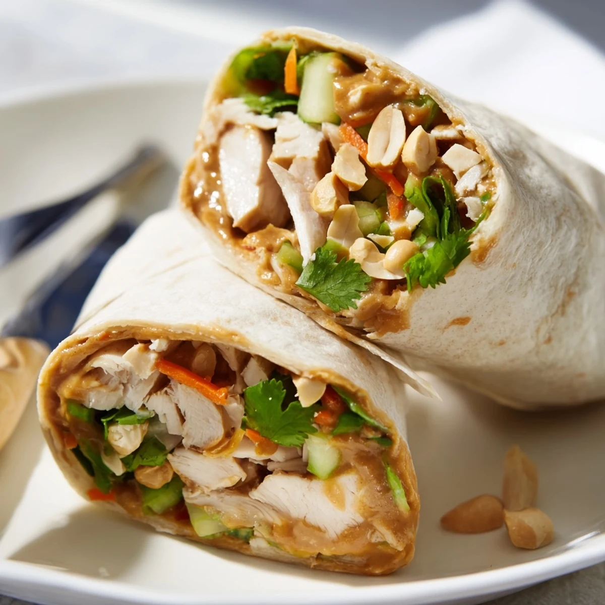 Fresh Thai peanut chicken wraps with shredded carrots crisp bell peppers cucumber slices and vibrant cilantro leaves
