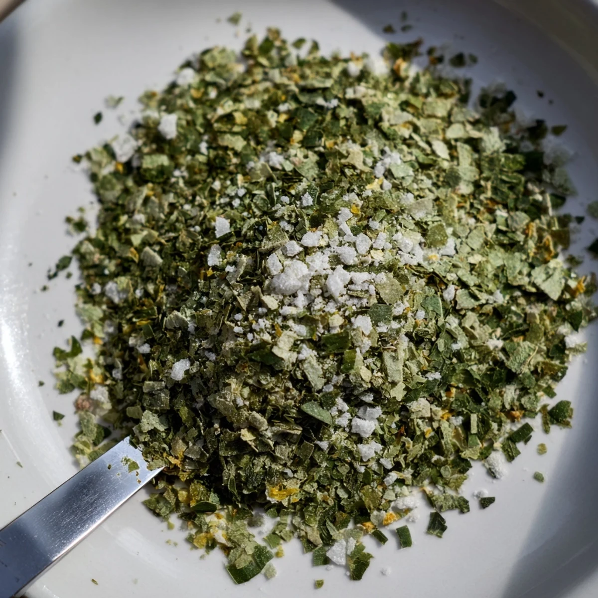 Glass jar filled with homemade dehydrated tzatziki seasoning mix featuring green dried herbs and garlic powder
