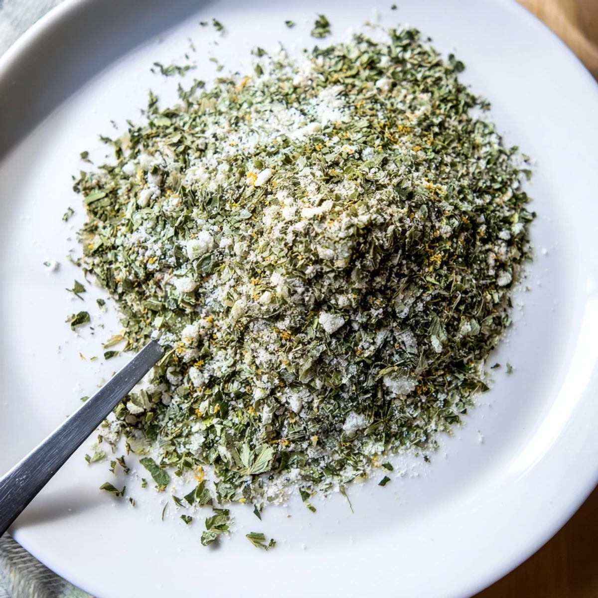 Close-up of dehydrated tzatziki seasoning mix sprinkled over Greek yogurt for instant homemade dip preparation