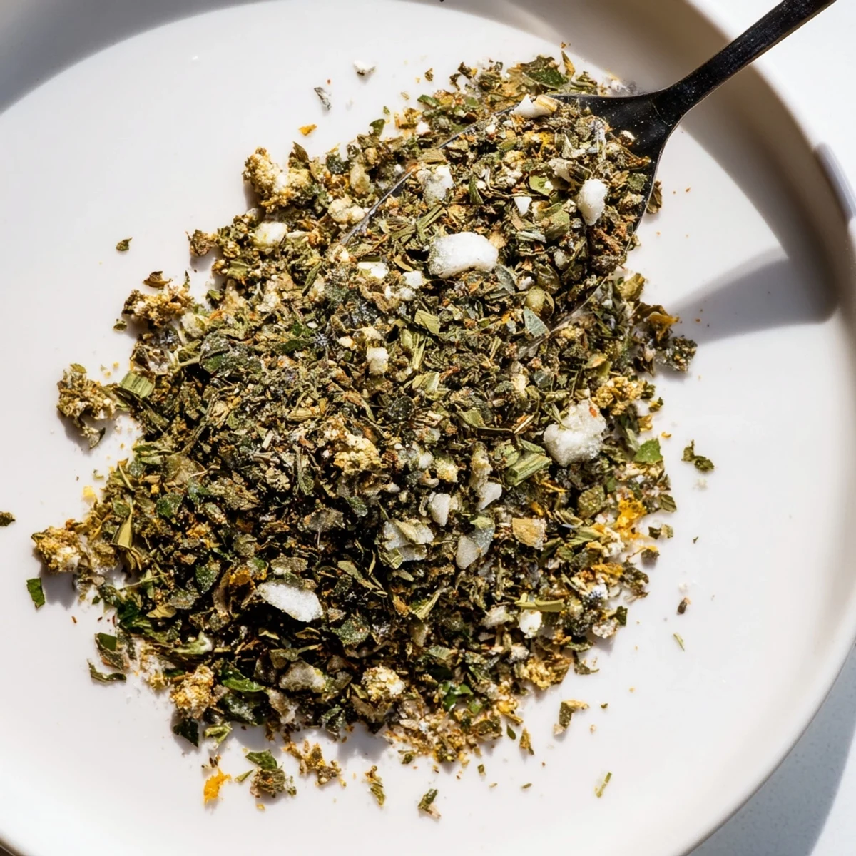 Rustic wooden bowl of dehydrated tzatziki seasoning mix with dill parsley mint and spices ready for storage