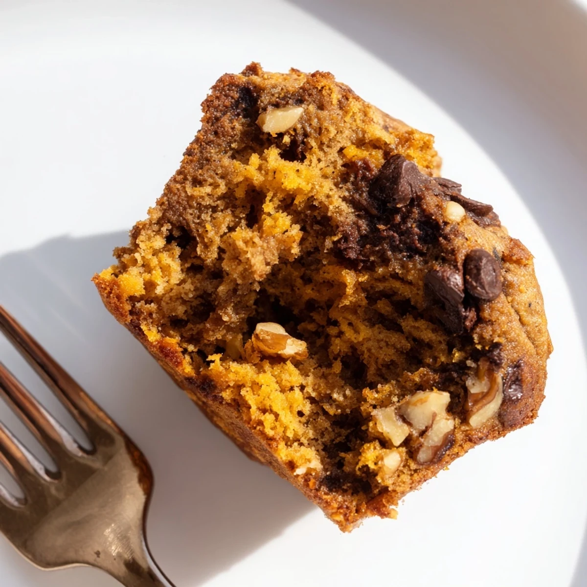 Golden butternut squash banana muffins topped with walnuts on a wooden cutting board