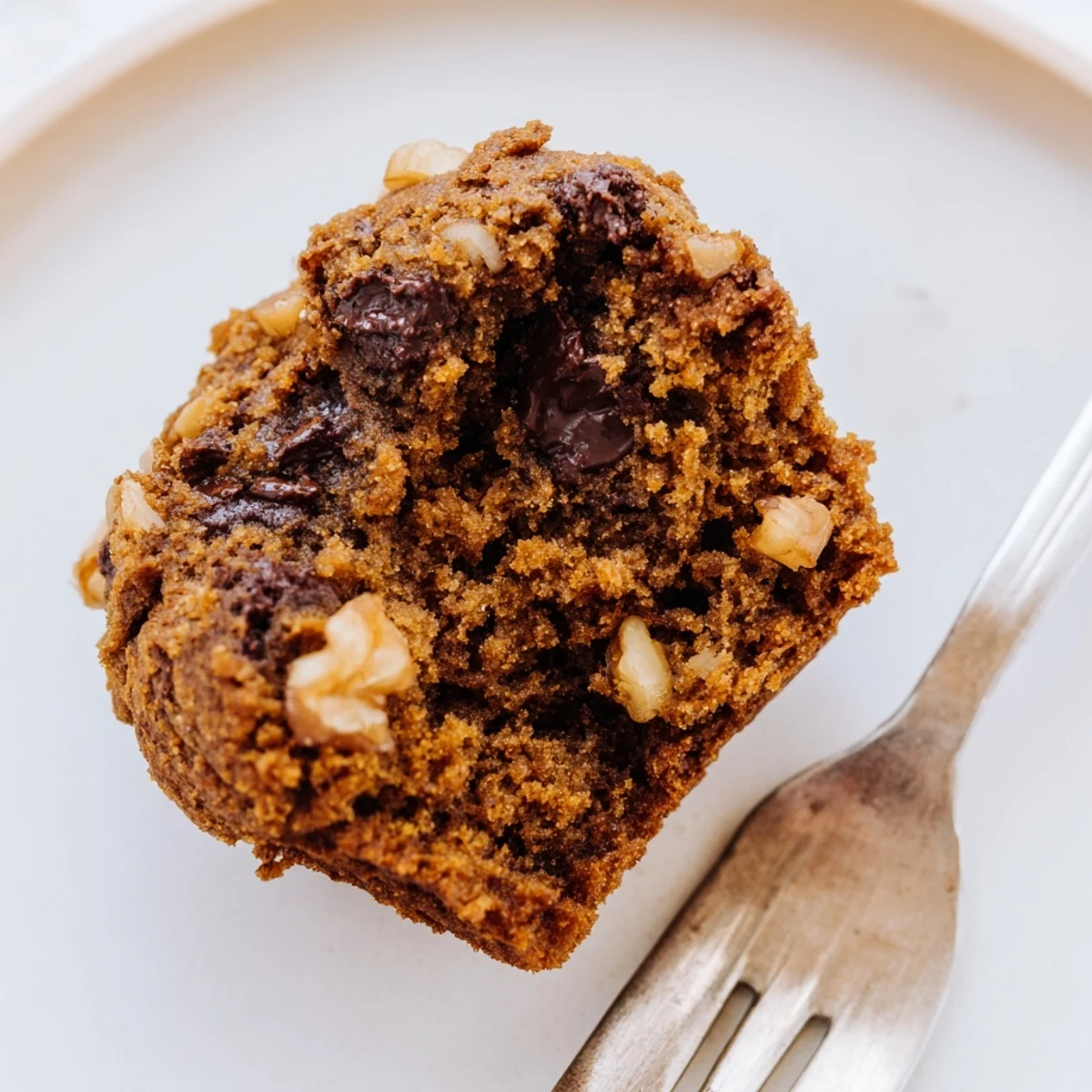 Warm spiced muffins with chunks of dark chocolate and sweet banana filling visible