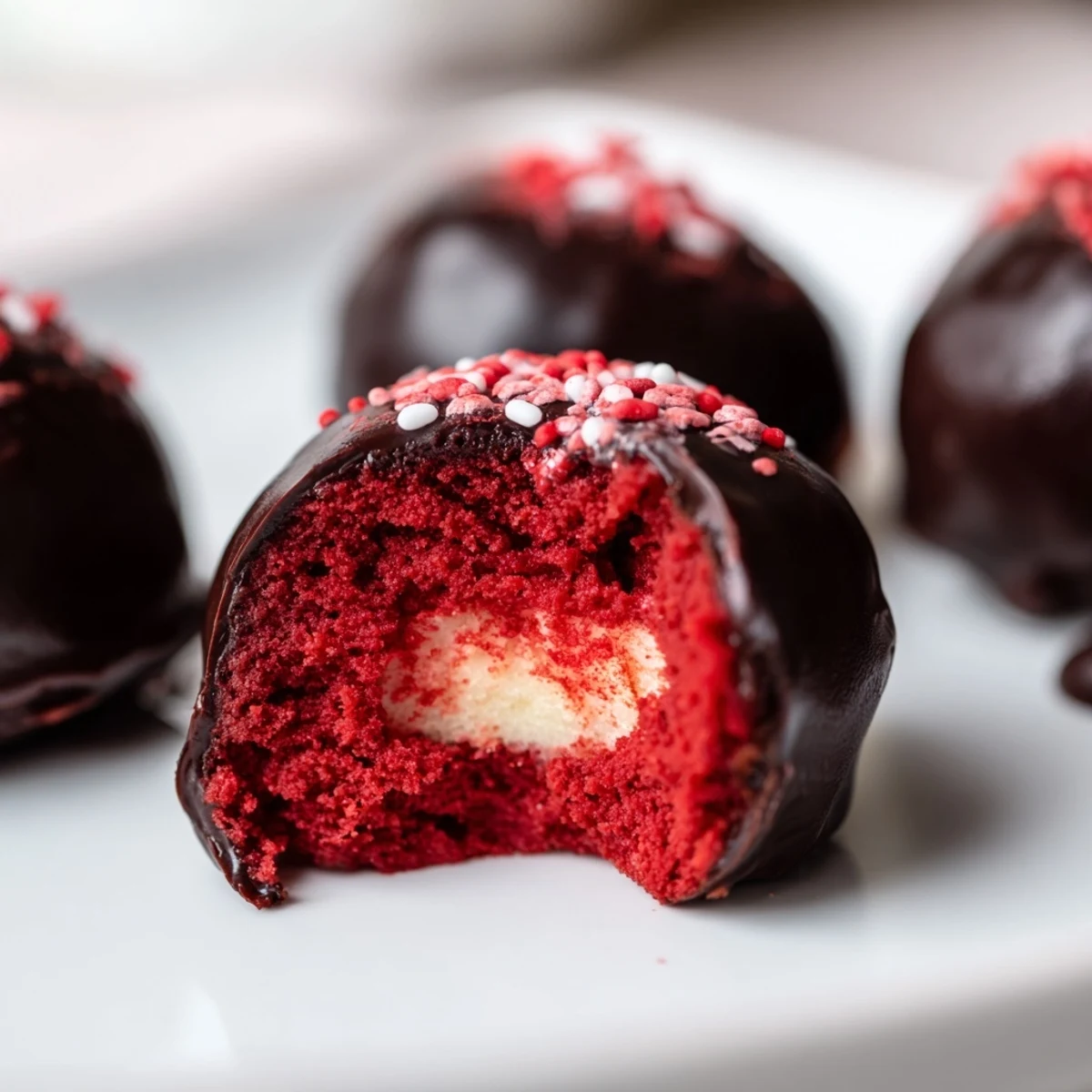 Bite-sized red velvet cheesecake balls coated in glossy chocolate with festive sprinkles on top