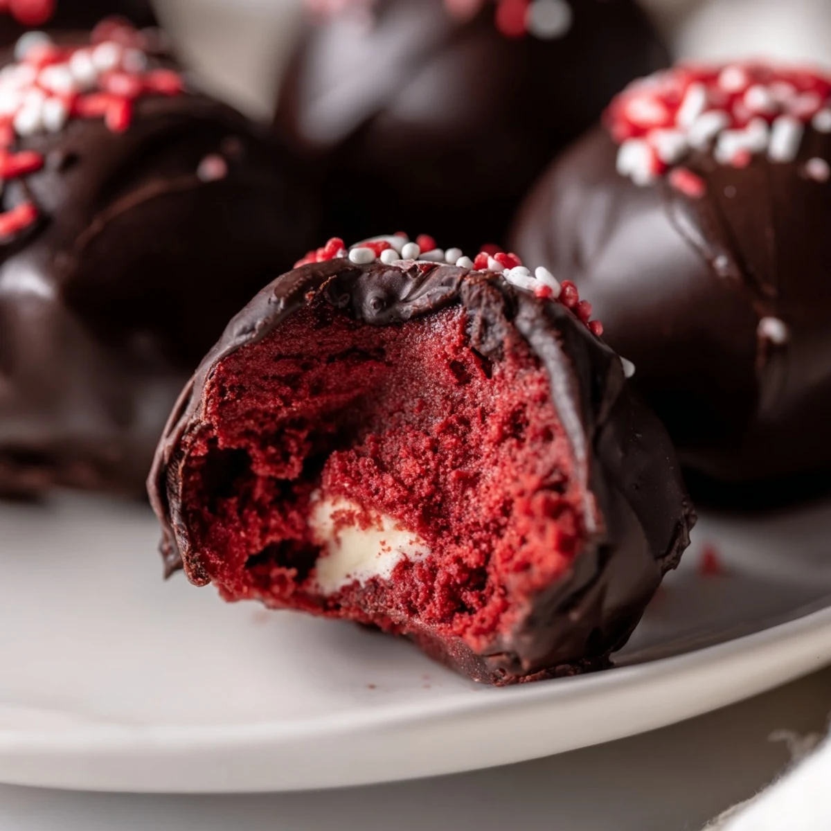 Decadent red velvet cheesecake balls featuring creamy centers dipped in melted dark chocolate coating