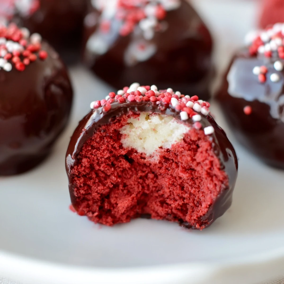 Homemade red velvet cheesecake balls on a white plate ready for serving at parties