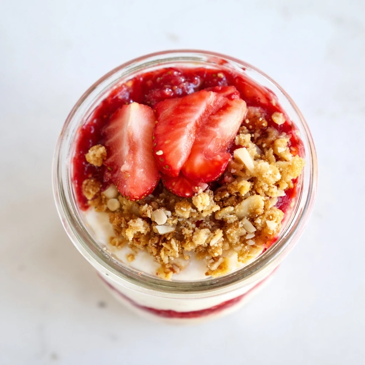 Glass jar showcasing layered strawberry crumble chia pudding with vibrant red compote and golden oat topping