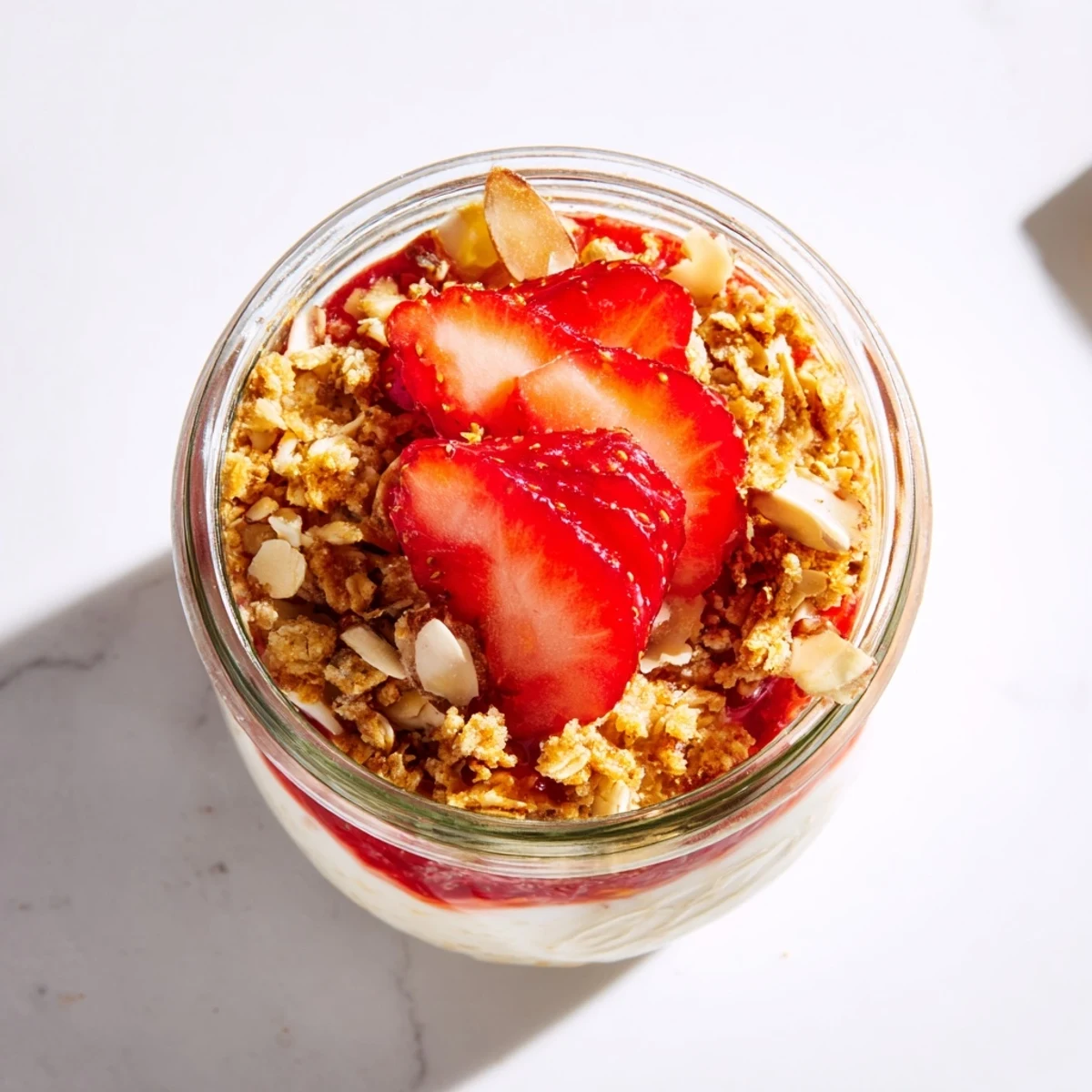 Parfait of vanilla chia pudding, fresh strawberry compote, and toasted oat almond crumble in mason jar