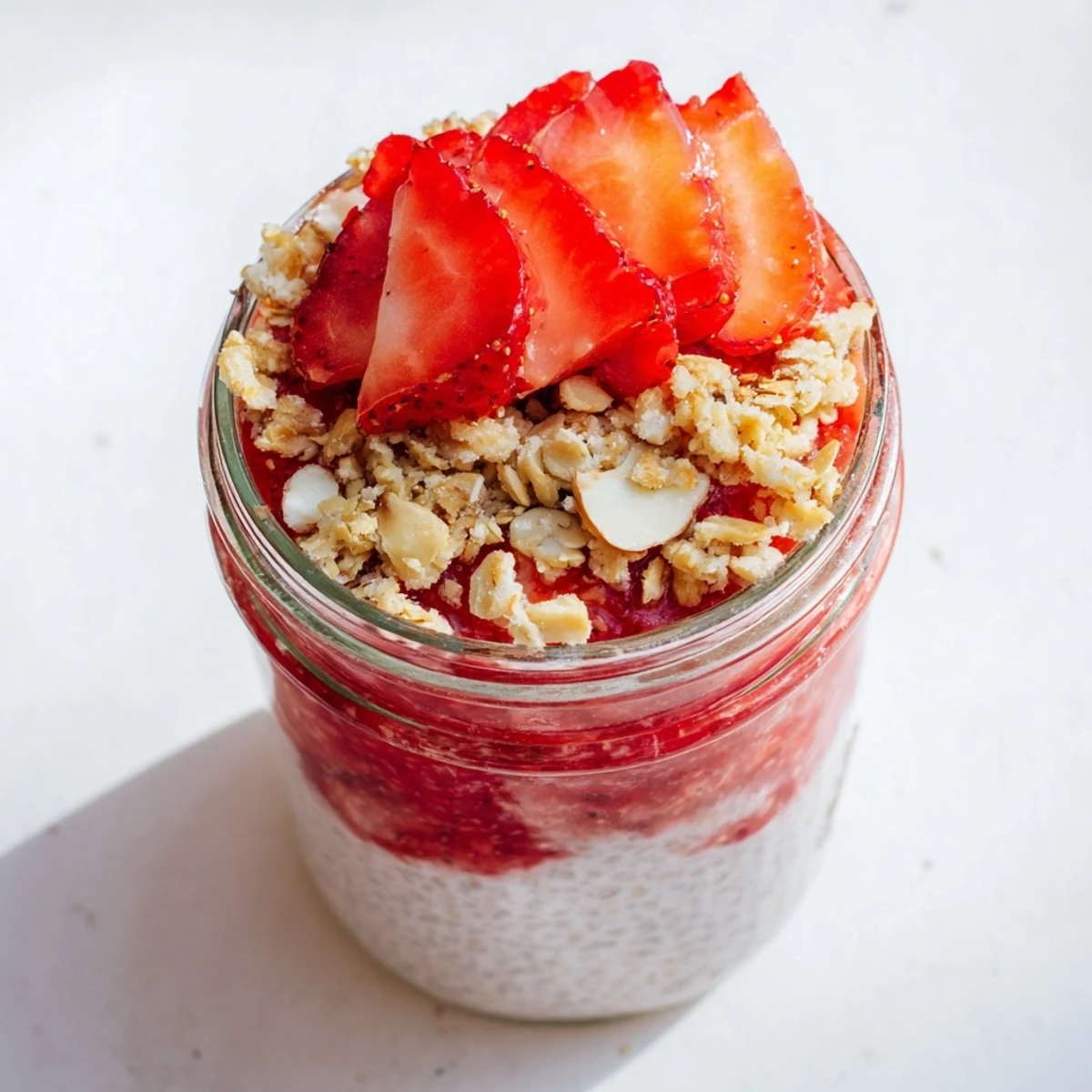Creamy chia pudding layered with sweet strawberry compote and crunchy cinnamon oat crumble in clear glass