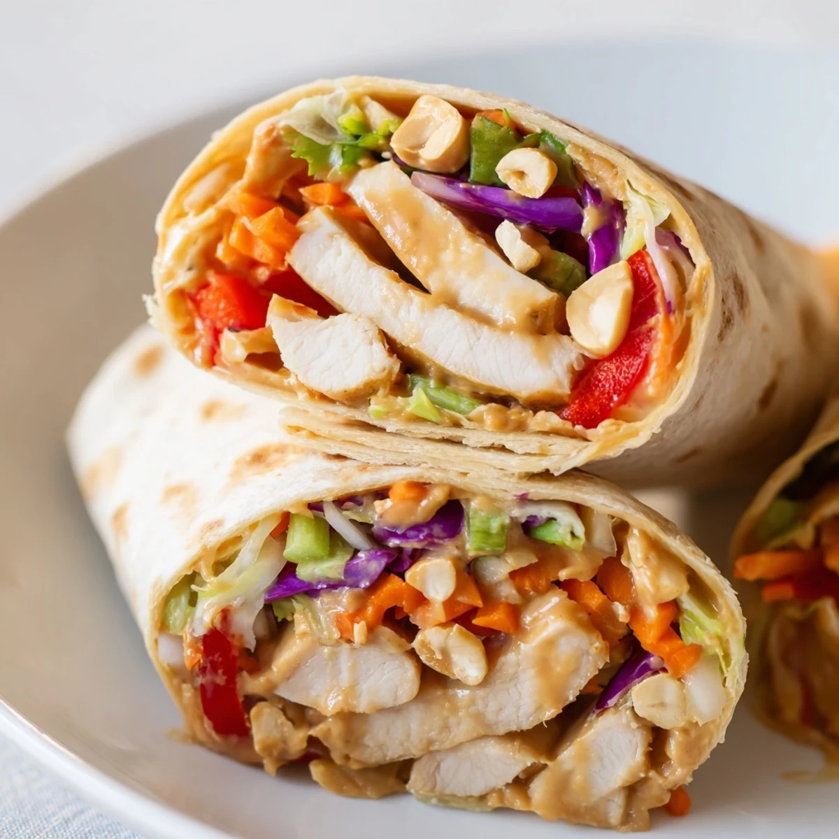 Warm Thai Peanut Chicken Wraps halved, drizzled with zesty lime peanut sauce