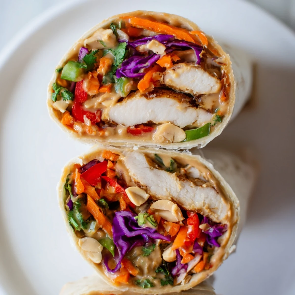 Thai Peanut Chicken Wraps filled with tender chicken, crunchy vegetables, and creamy sauce