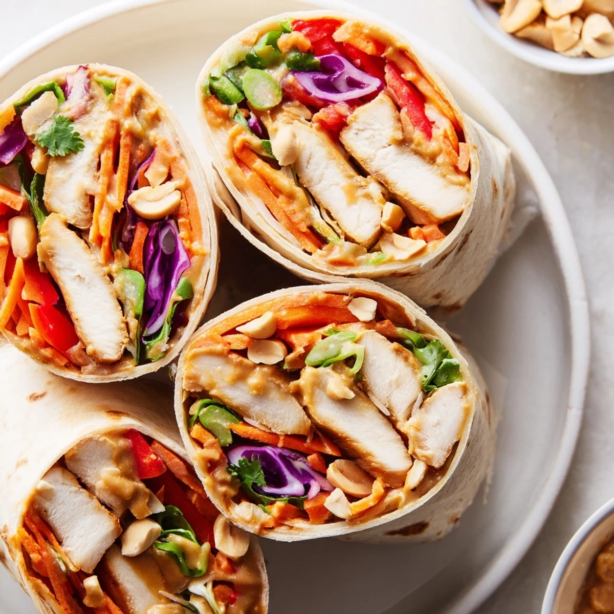 Casual lunch of Thai Peanut Chicken Wraps on a plate, cilantro and peanuts sprinkled