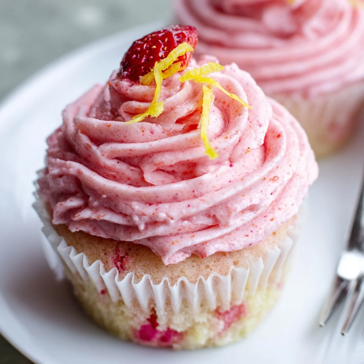 A plate of Strawberry Lemonade Cupcakes, moist crumb and tangy frosting