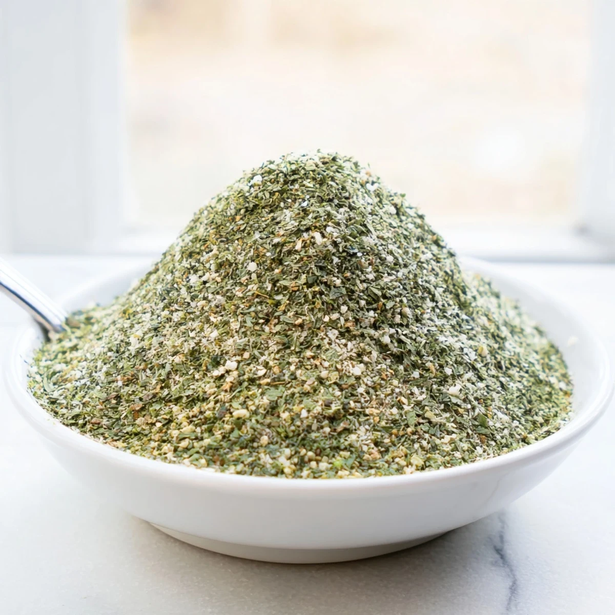 Jar of Dehydrated Tzatziki Seasoning Mix with flecks of green herbs