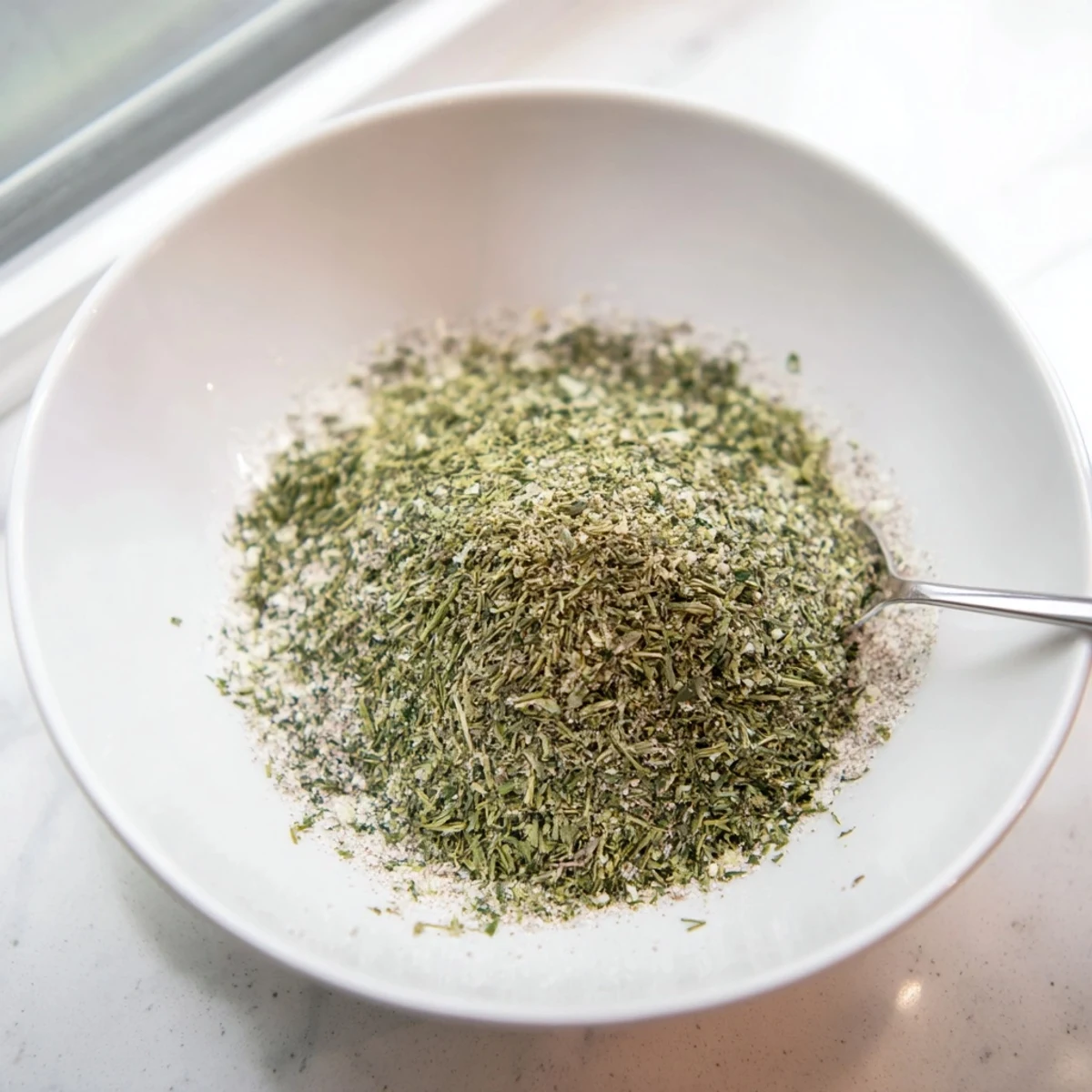 Small bowl of Dehydrated Tzatziki Seasoning Mix sprinkled over roasted vegetables