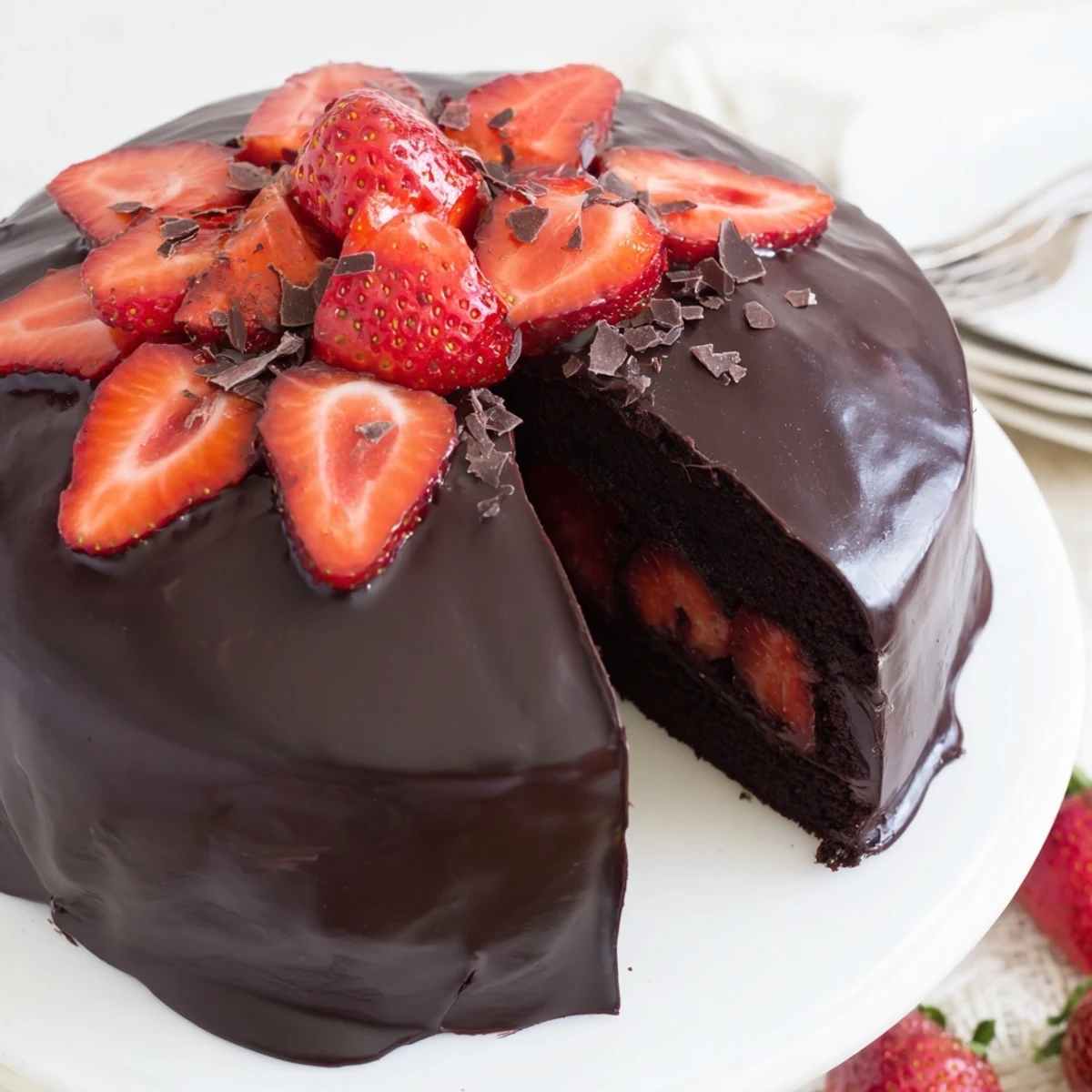 Slice of Strawberry Chocolate Cake on a plate, layered strawberries and rich ganache