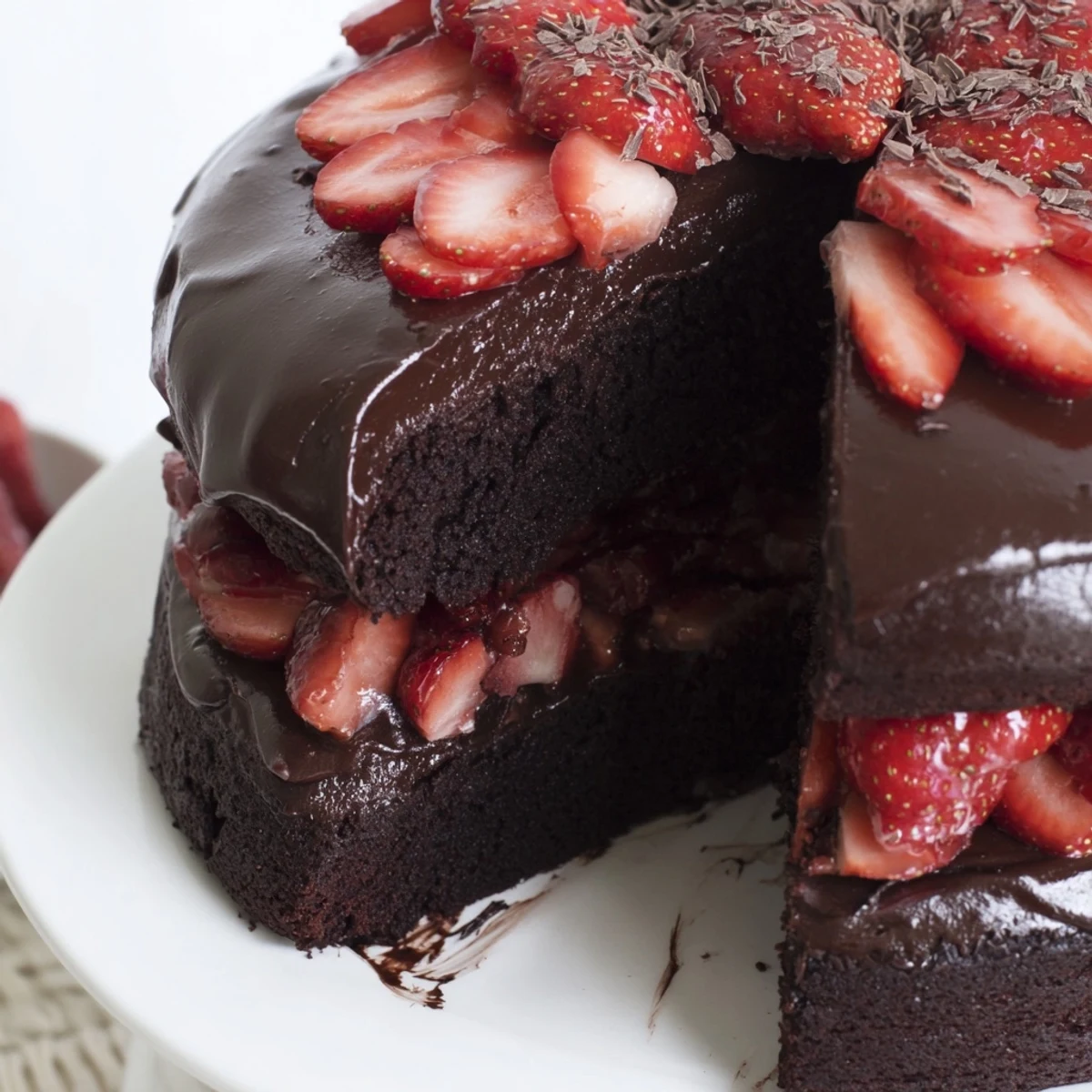 Strawberry Chocolate Cake with glossy ganache, sliced berries, and moist crumb visible