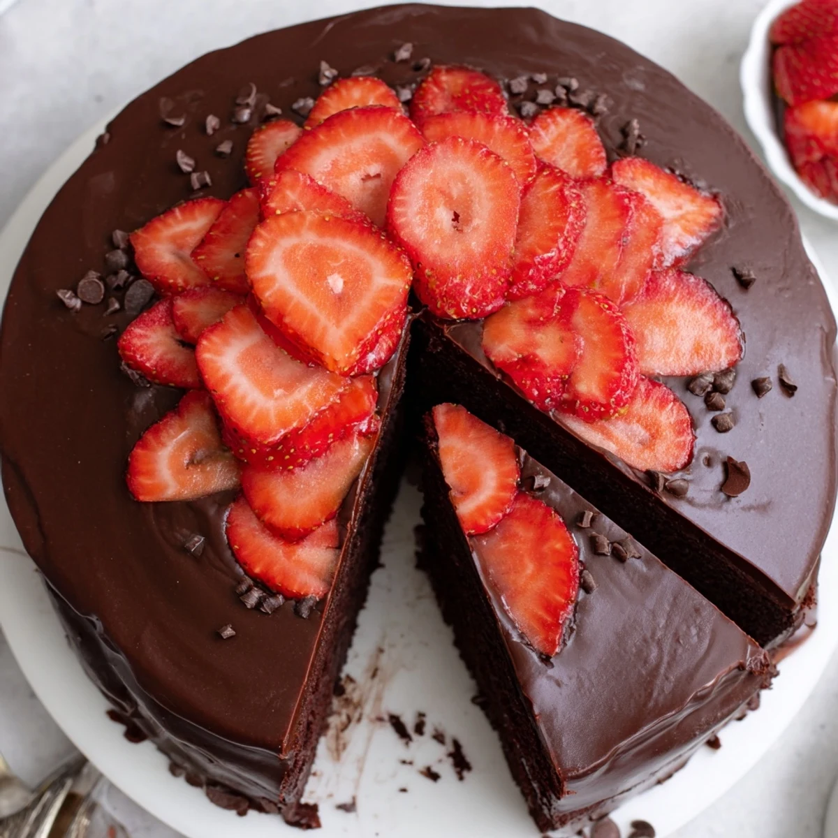 Decadent Strawberry Chocolate Cake topped with halved berries, chocolate shavings, served with chilled rosé