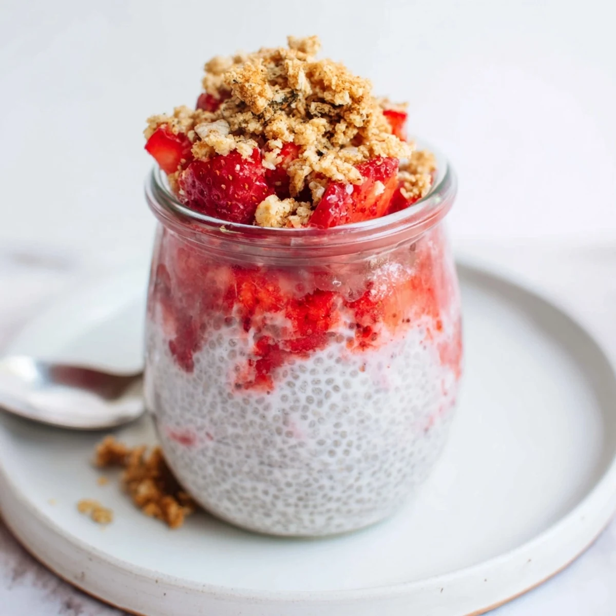 Strawberry Crumble Chia Pudding in jars, creamy layers and crunchy oat topping