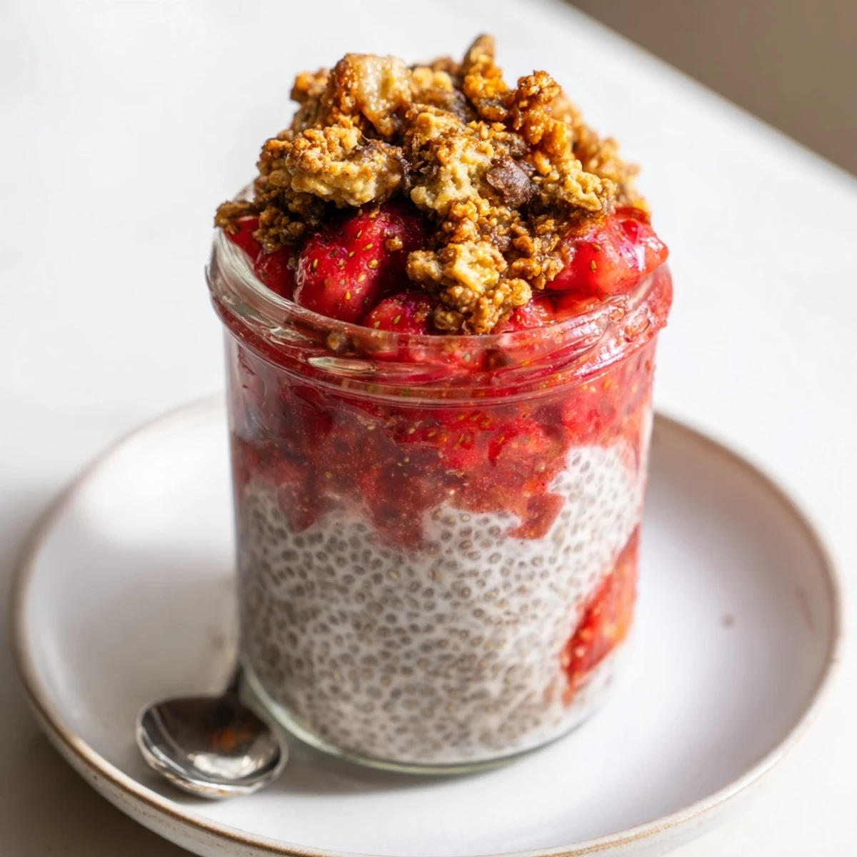 Glass of Strawberry Crumble Chia Pudding topped with fresh berries and mint