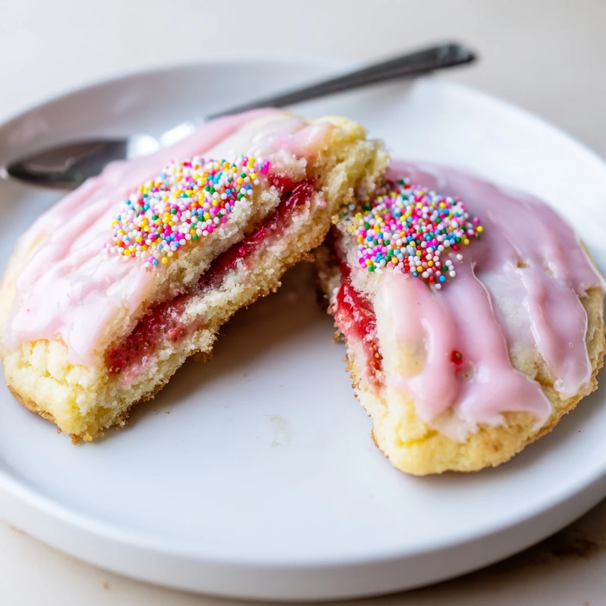Fresh-baked Strawberry Pop Tart Cookies with jam oozing, buttery edges, nostalgic treat