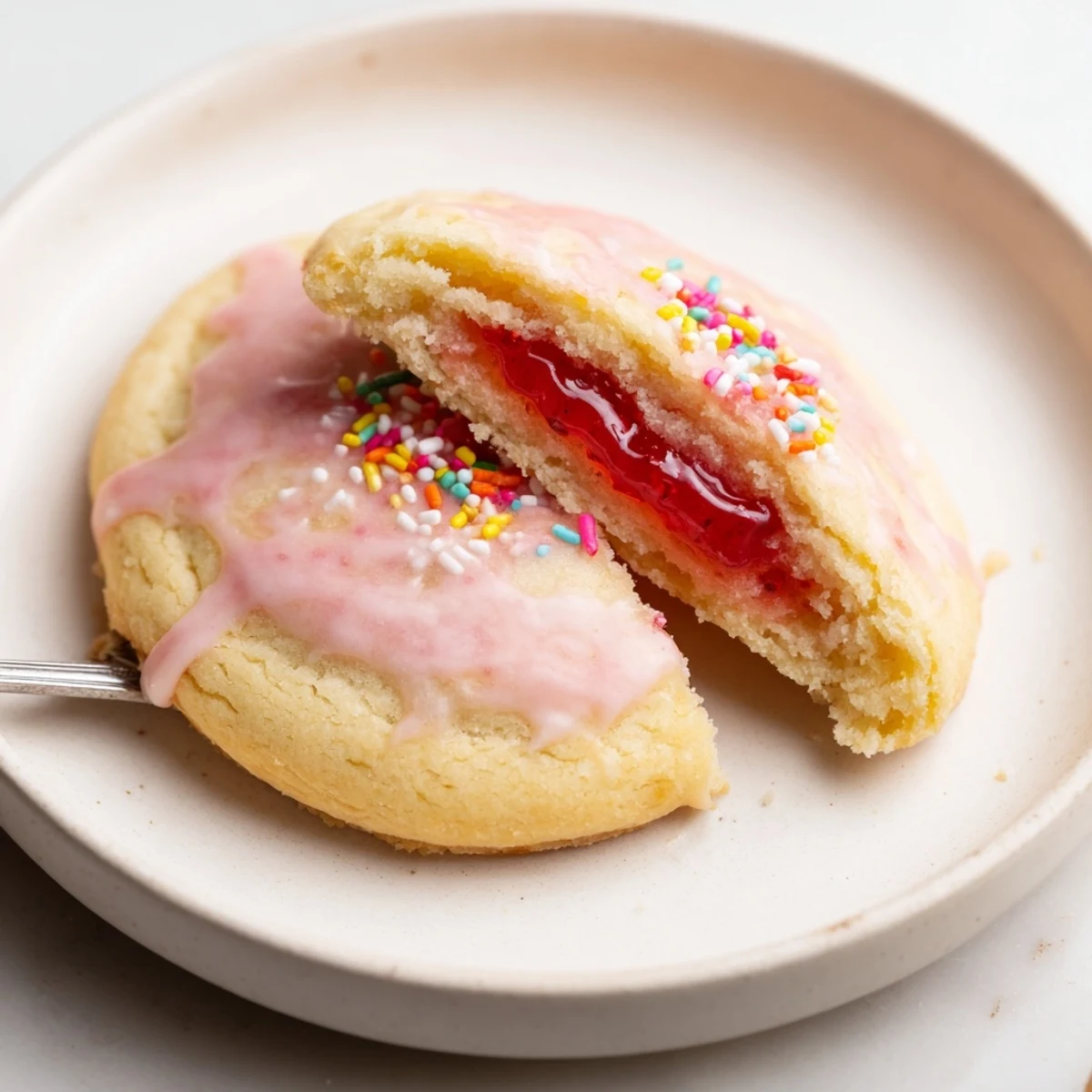 Stacked Strawberry Pop Tart Cookies on a plate, pastel glaze, kid-friendly snack