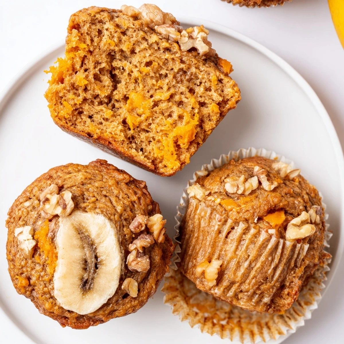 Golden Butternut Squash Banana Muffins dotted with walnuts, cinnamon aroma rising