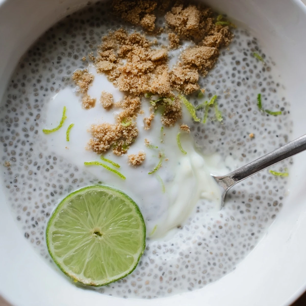 Tangy Key Lime Chia Pudding chilled in glass, garnished with graham crumbs  