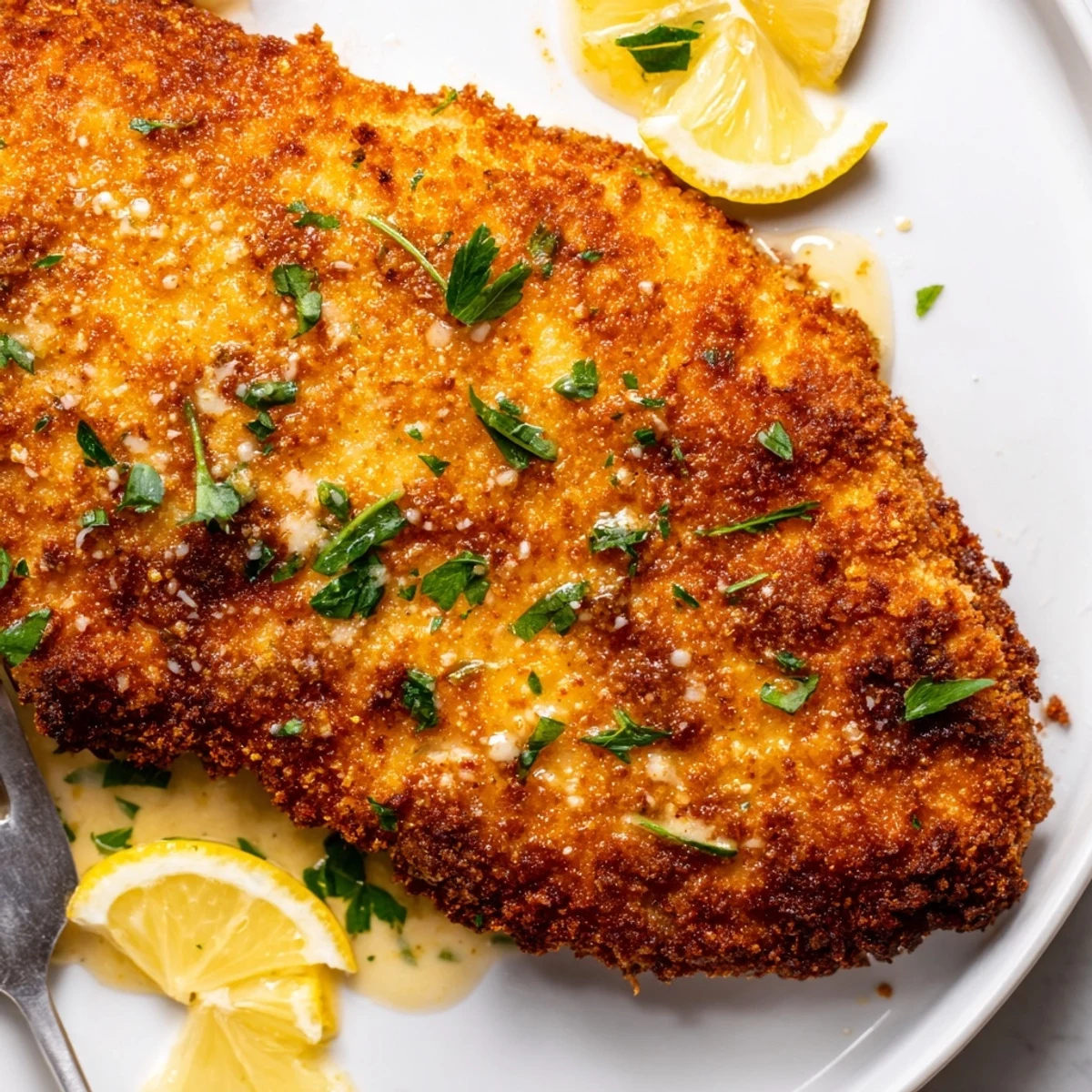 Pounded thin Lemon Chicken Romano crusted with savory cheese, bright lemon aroma