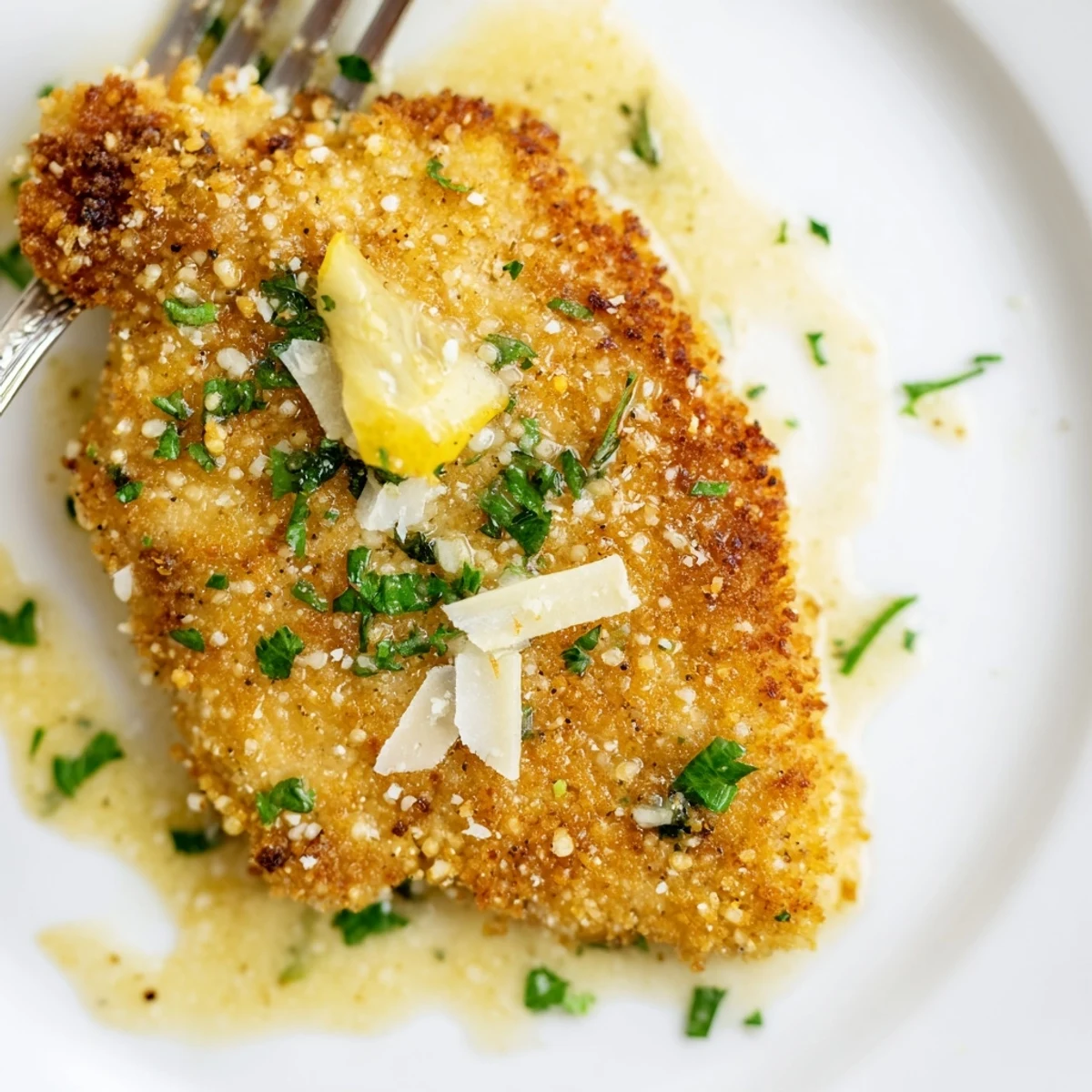 Skillet-seared Lemon Chicken Romano served over angel hair pasta, parsley garnish  