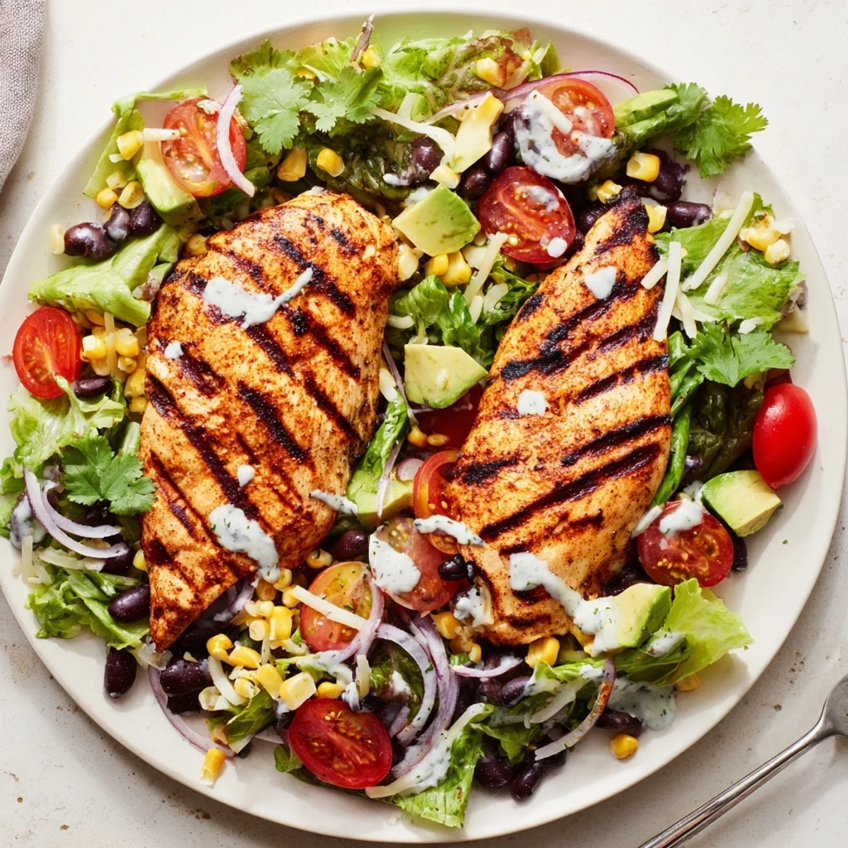 Juicy grilled chicken crowns vibrant Southwestern Chicken Salad with roasted corn.