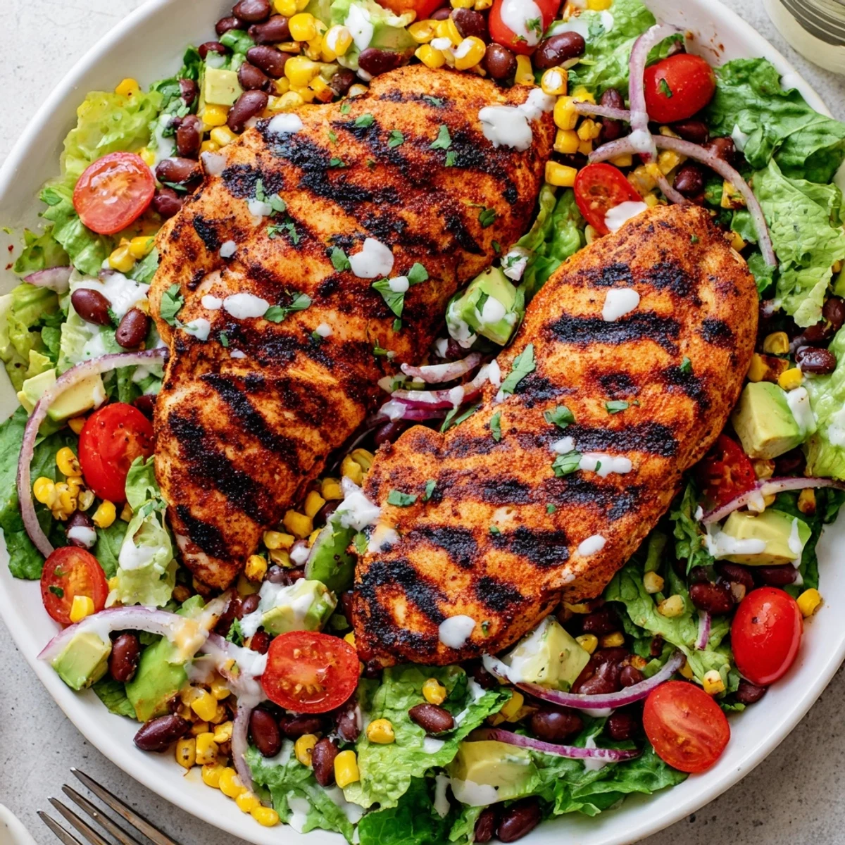 Zesty lime dressing dresses Southwestern Chicken Salad finished with sliced avocado.