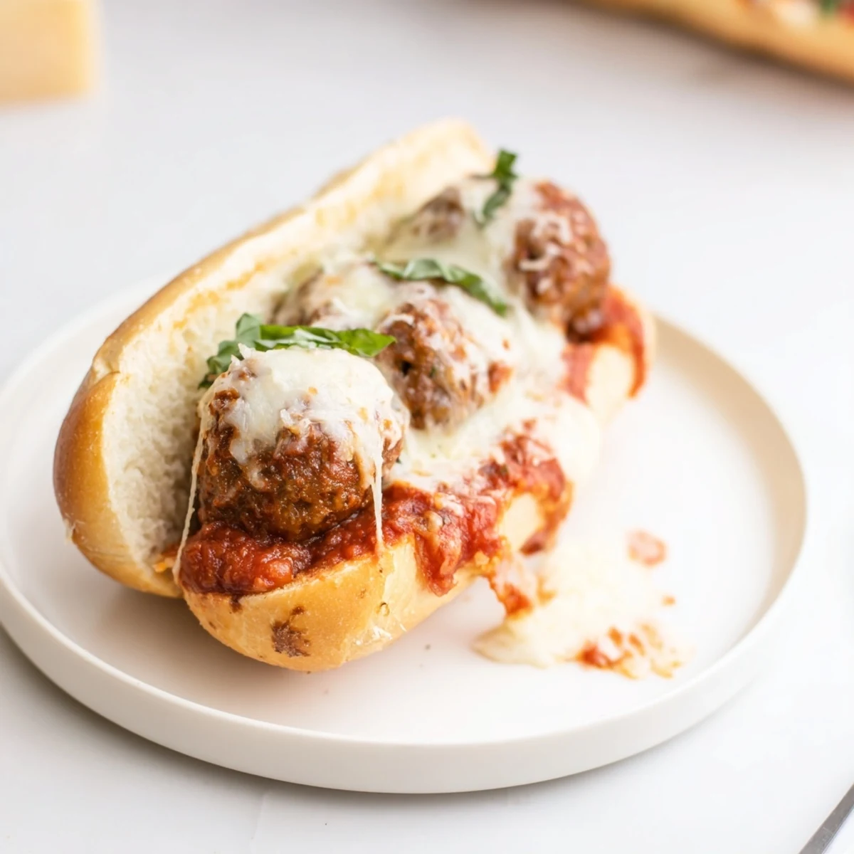 Cheesy Meatball Subs with bubbling mozzarella, tomato sauce glistening, toasted roll