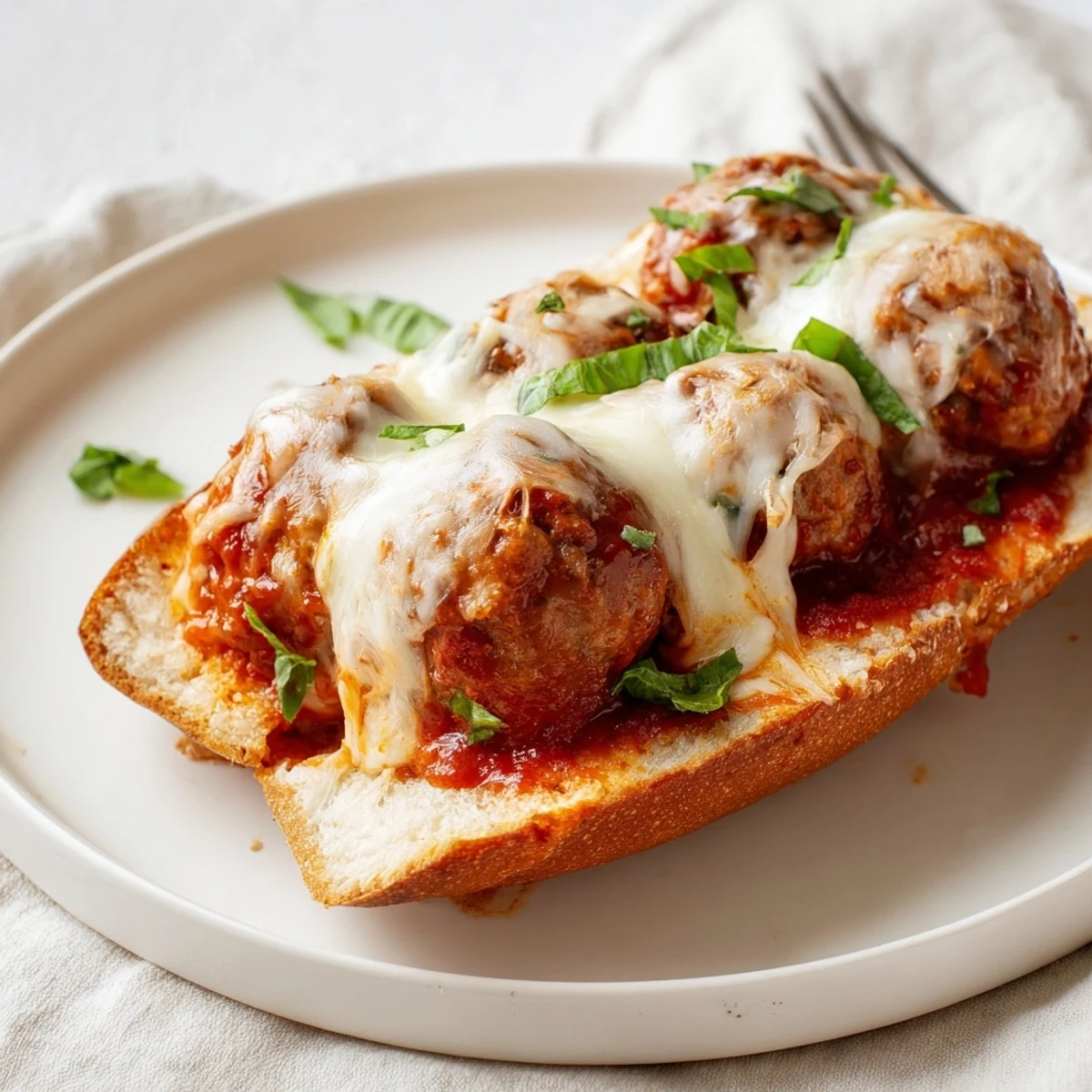 Piled high, Cheesy Meatball Subs offer juicy meatballs, fresh basil, served hot